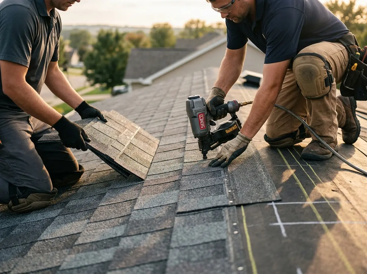Professional roofer working on a residential roof in North Lebanon
